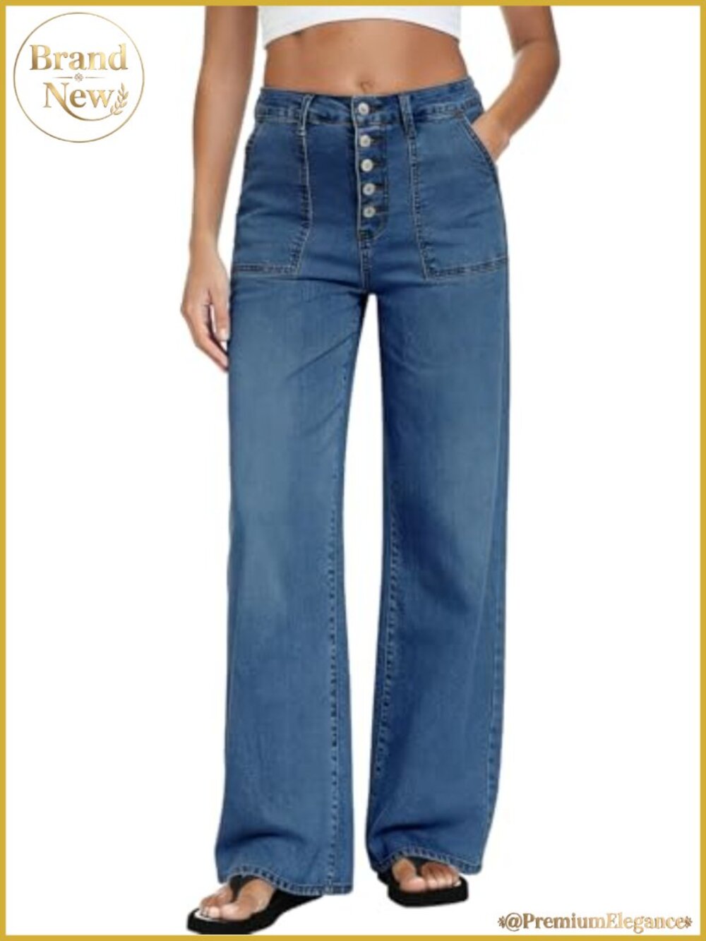 Wide Leg High Rise Women's Denim Jeans Button Fly Stretchable Straight Leg Pants
